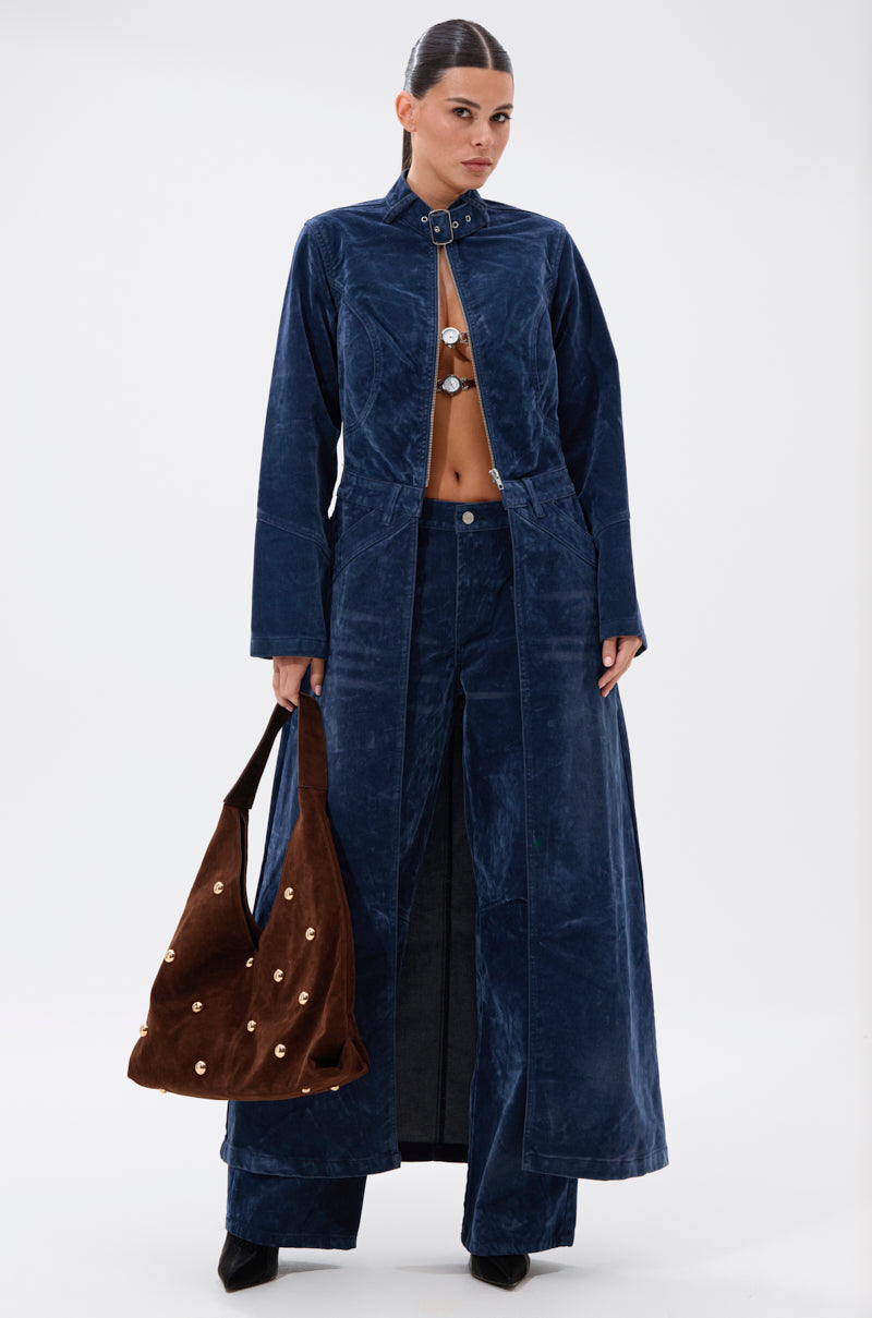 VALERIE VELVET EFFECT WIDE LEG PANT IN BLUE