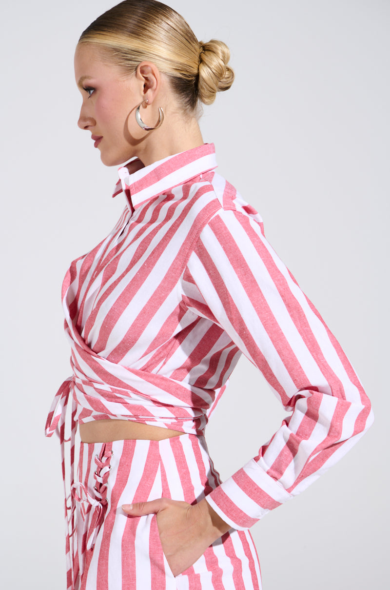 GIRL BYE TIE FRONT STRIPE BLOUSE