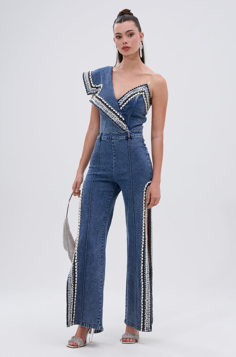 LUXURIOUS DENIM ASYMMETRICAL PEARL BODYSUIT