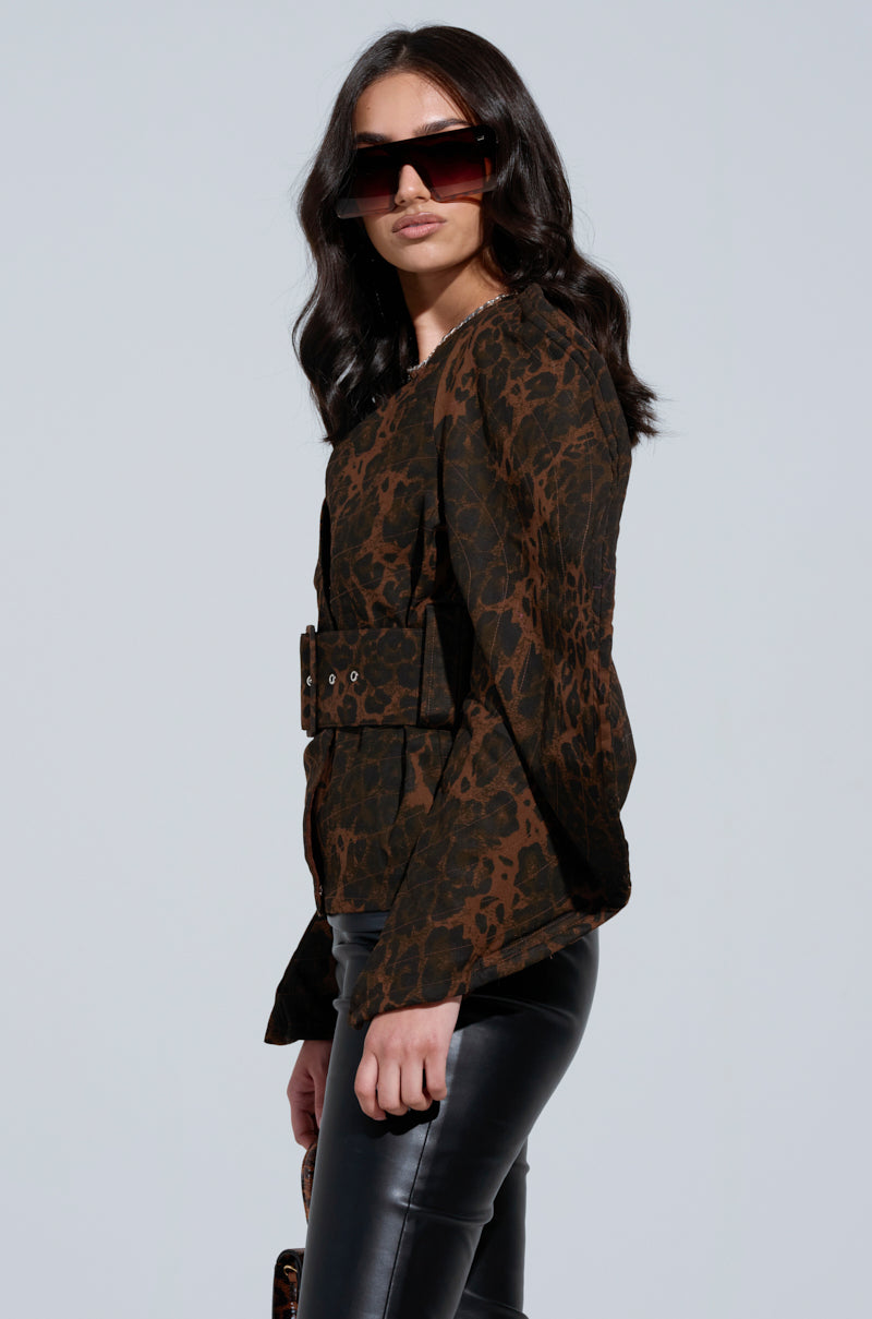 BLOW HIM A KISS BELTED CHEETAH BLOUSE