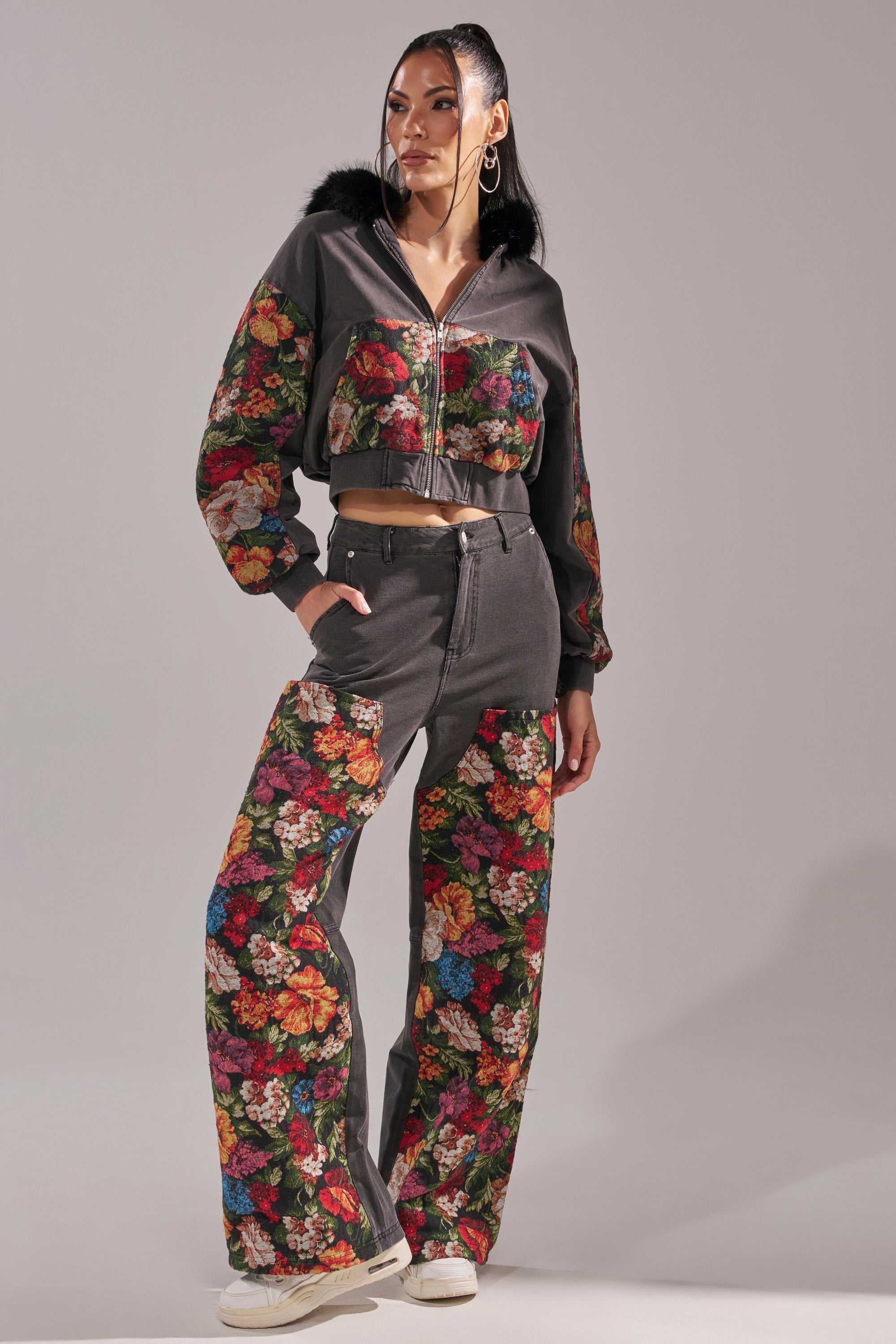 TRY ME FLORAL DENIM ZIP UP SWEATSHIRT