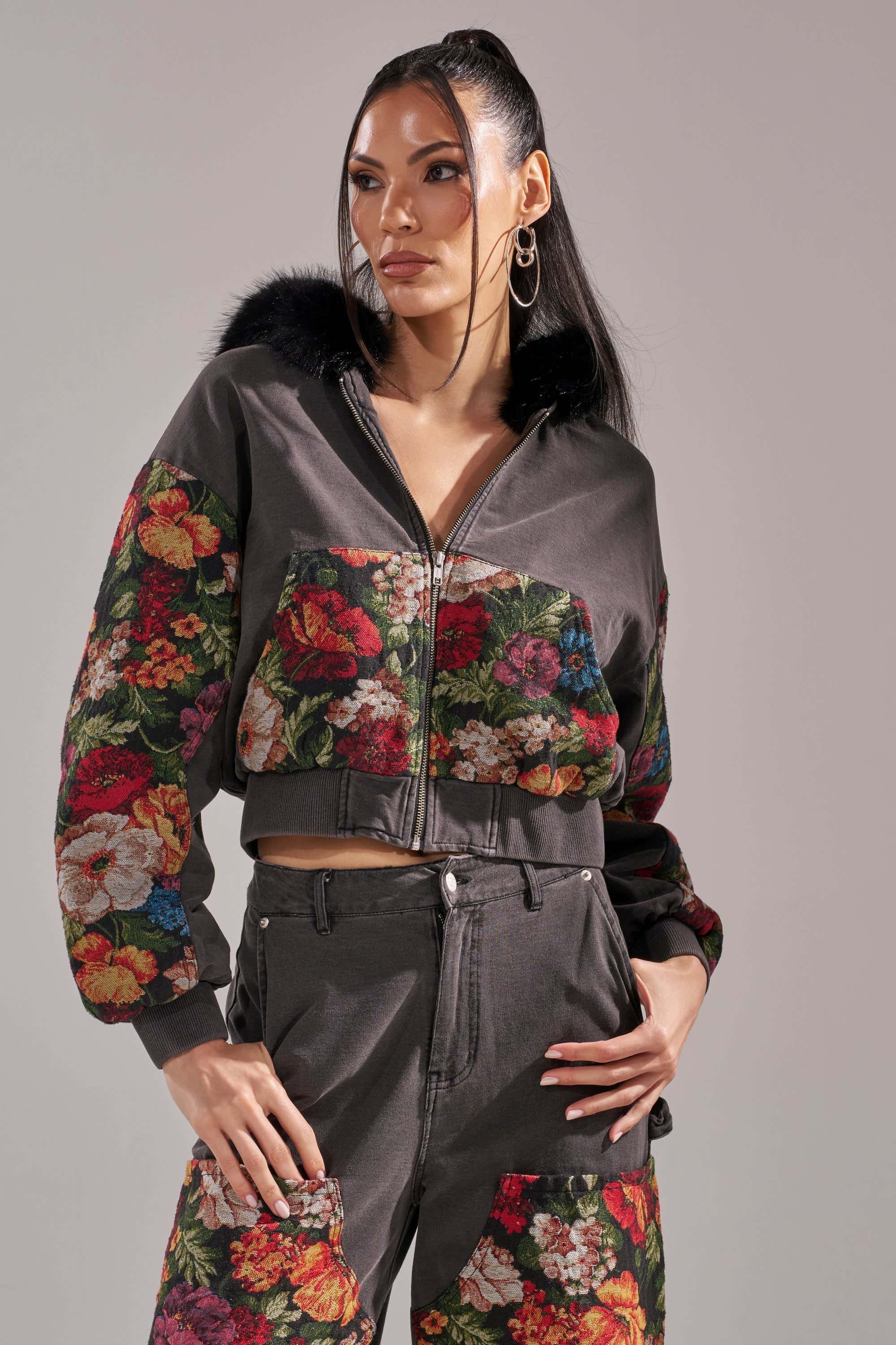 TRY ME FLORAL DENIM ZIP UP SWEATSHIRT