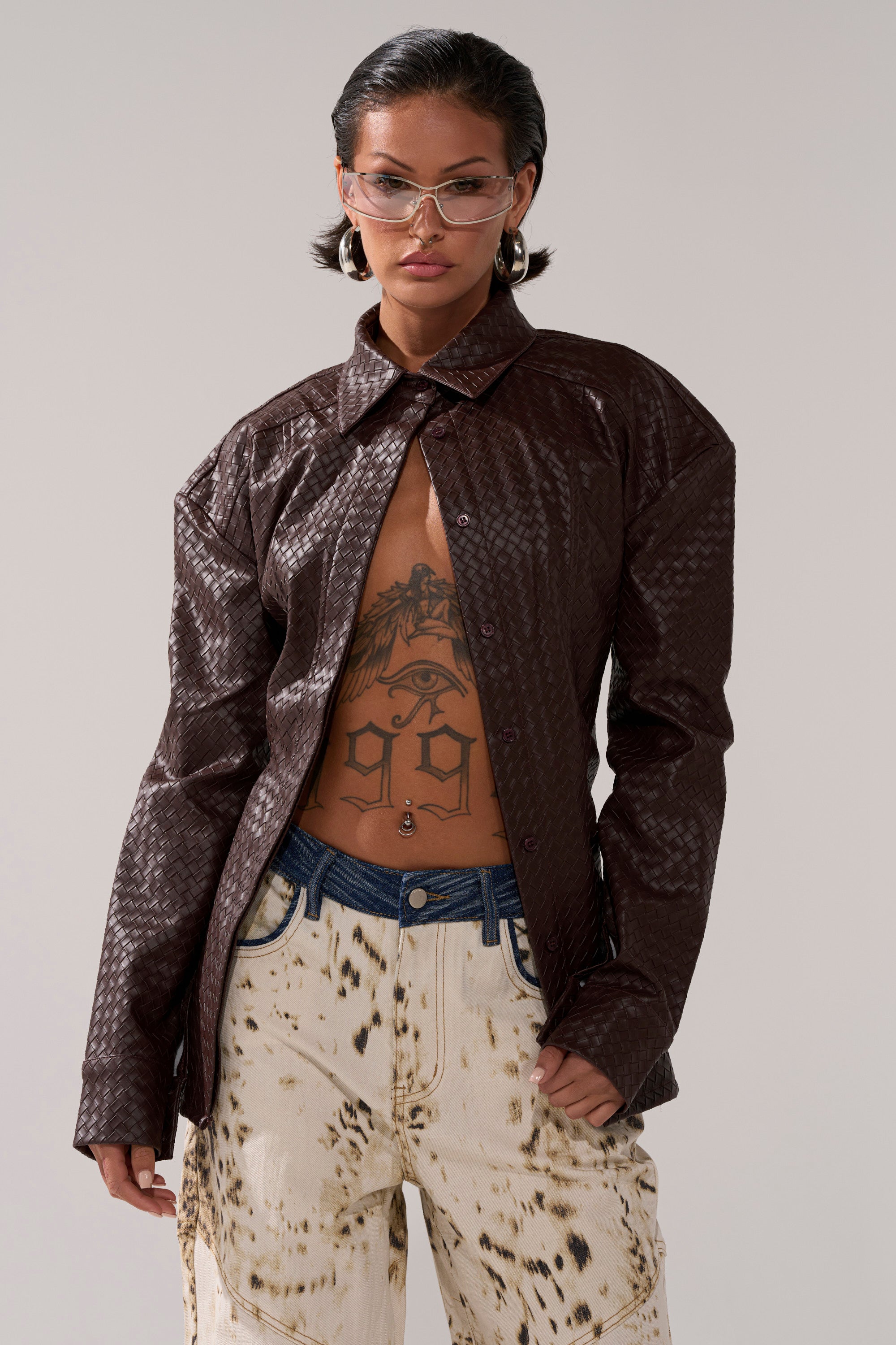 FEELING RICH FAUX LEATHER BUTTON DOWN