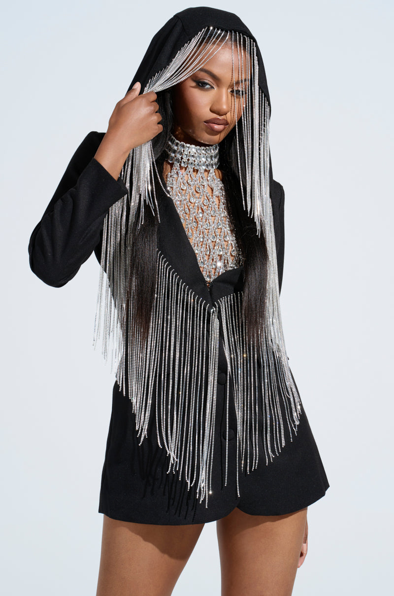DRIPPY RHINESTONE FRINGE BLAZER