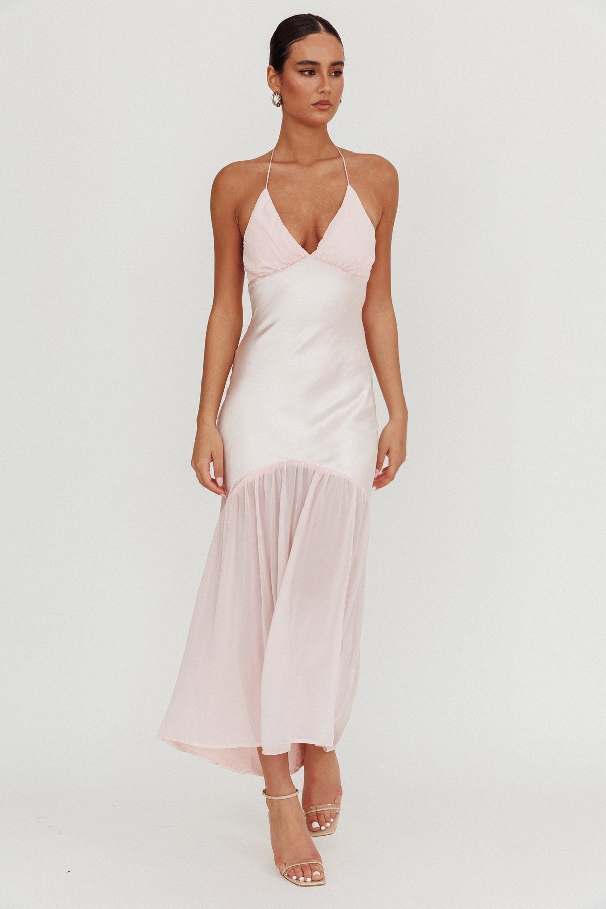 Aysah Chiffon Hem Halter Maxi Dress Pink