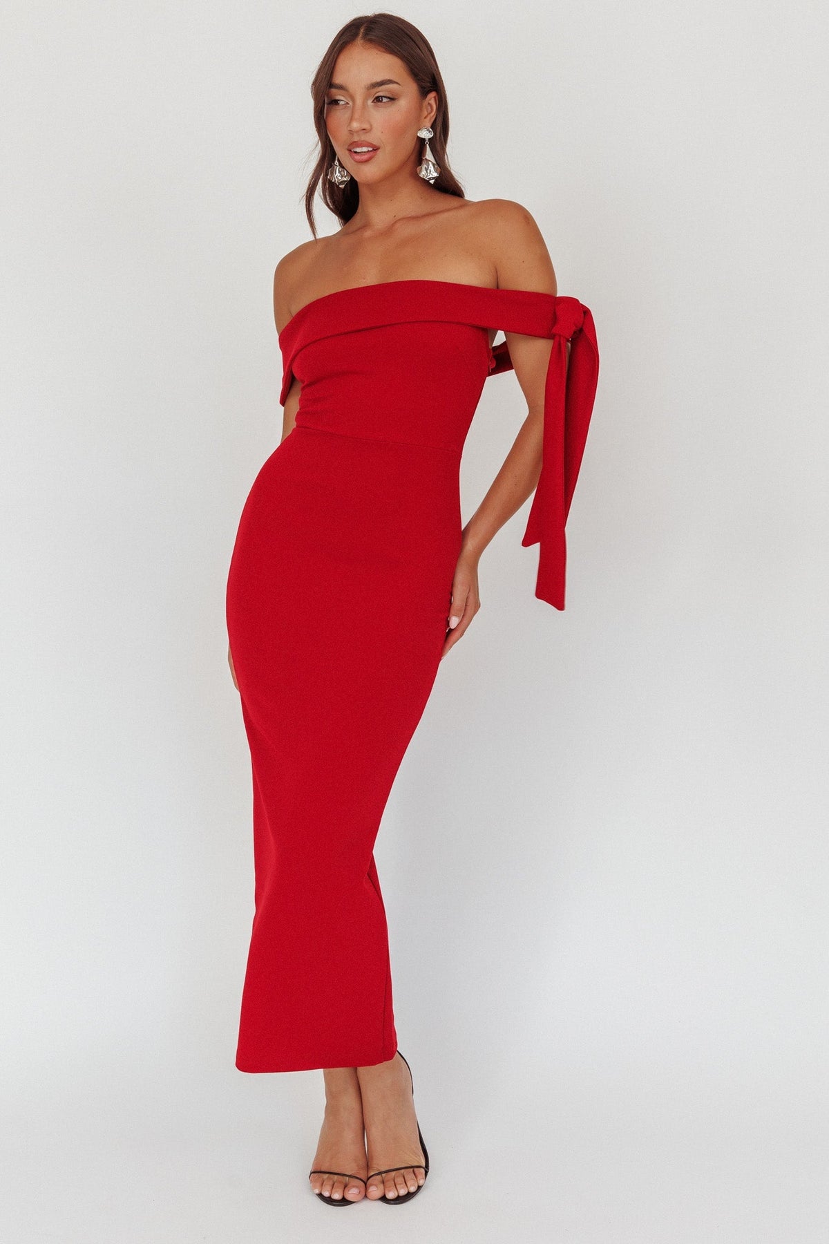 Aurora Sky Off-Shoulder Tie Maxi Dress Cherry