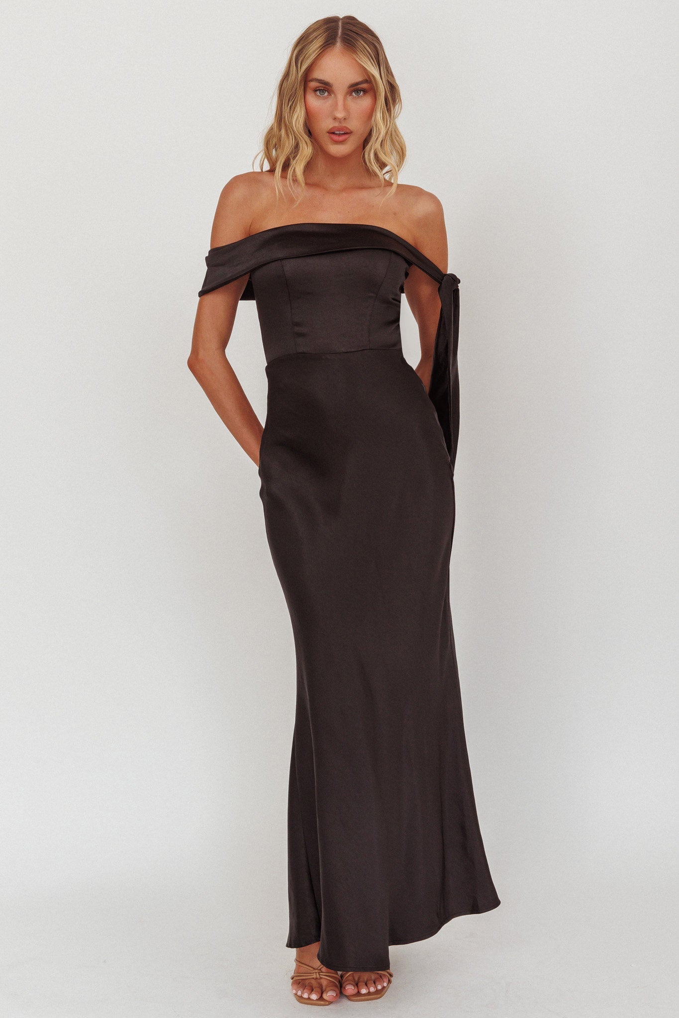 Aurora Sky Off-Shoulder Tie Maxi Dress Satin Black