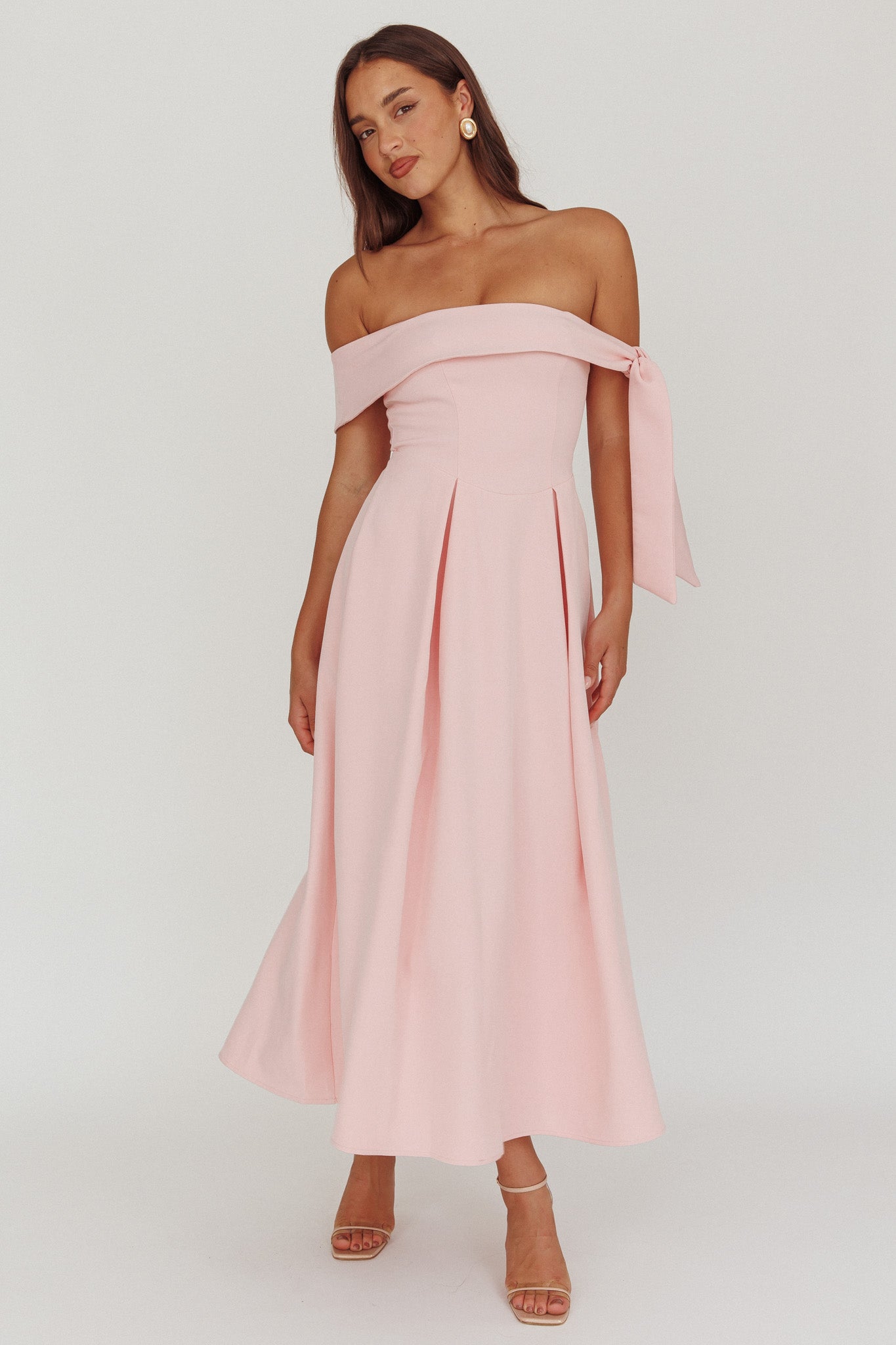 Aurora Sky Off-Shoulder Box Pleat Midi Dress Pink