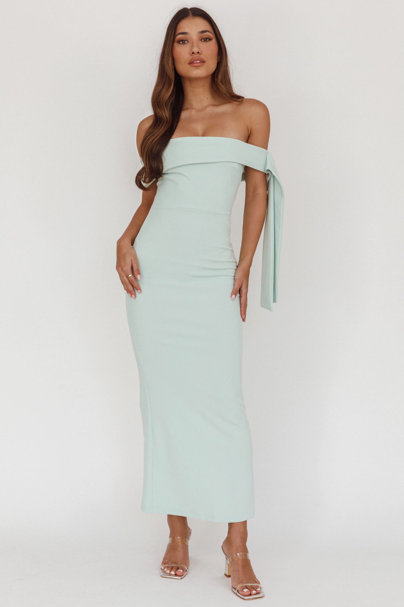 Aurora Sky Off-Shoulder Tie Maxi Dress Sage