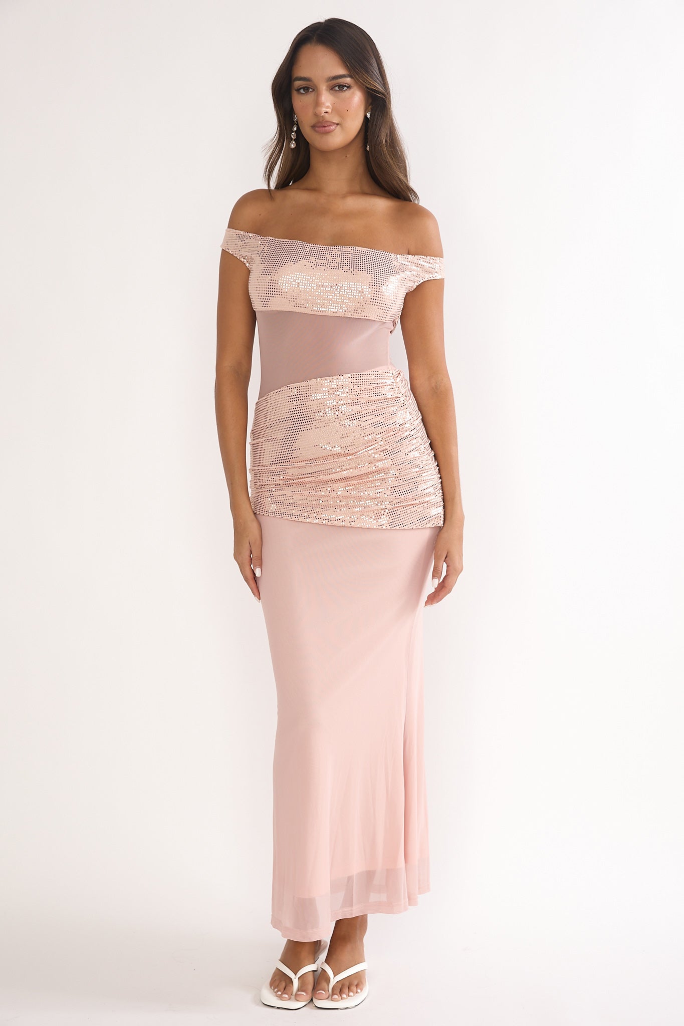 Bellora Off-Shoulder Sequin Trim Maxi Dress Nude
