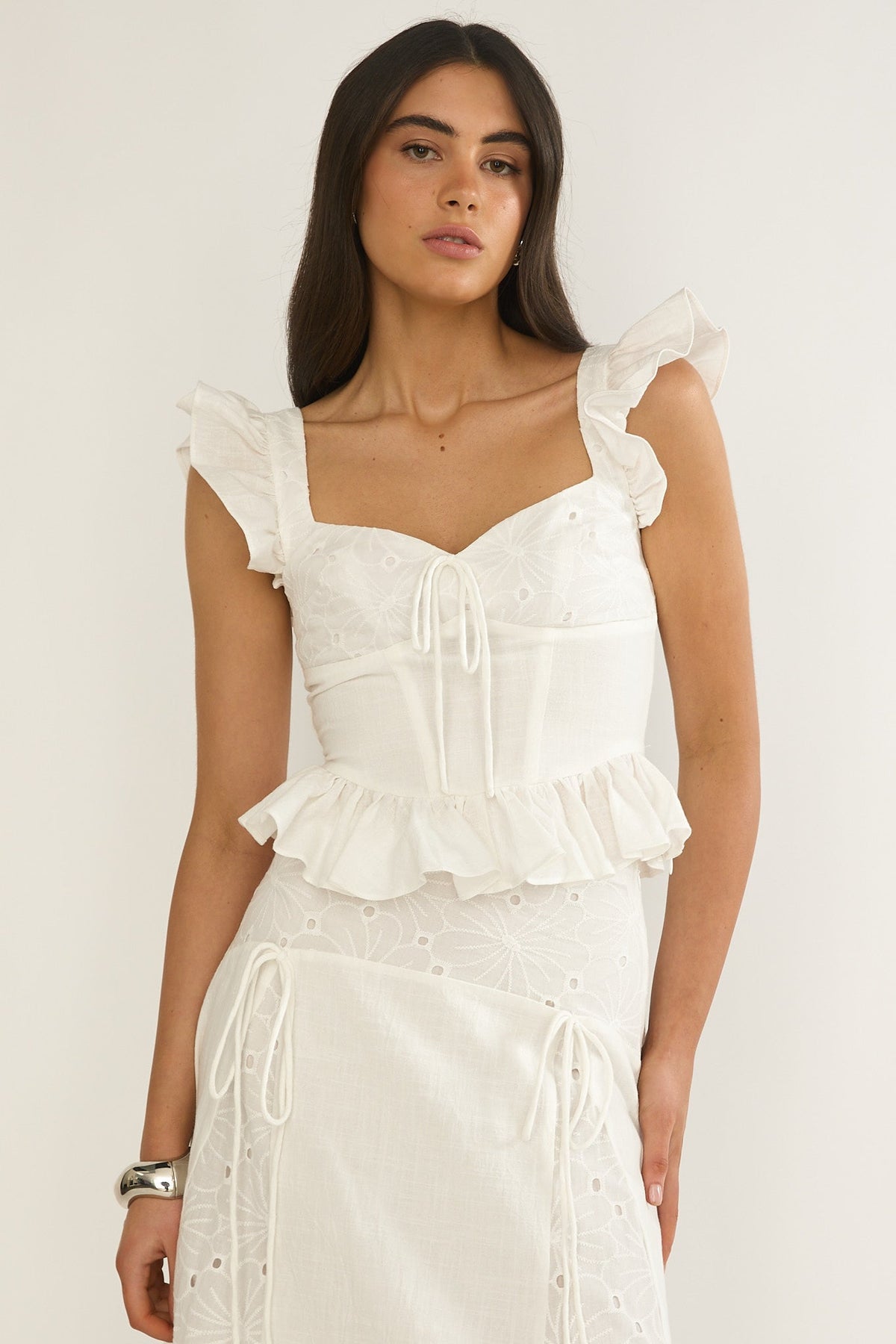 Danette Frill Trim Embroidery Top White