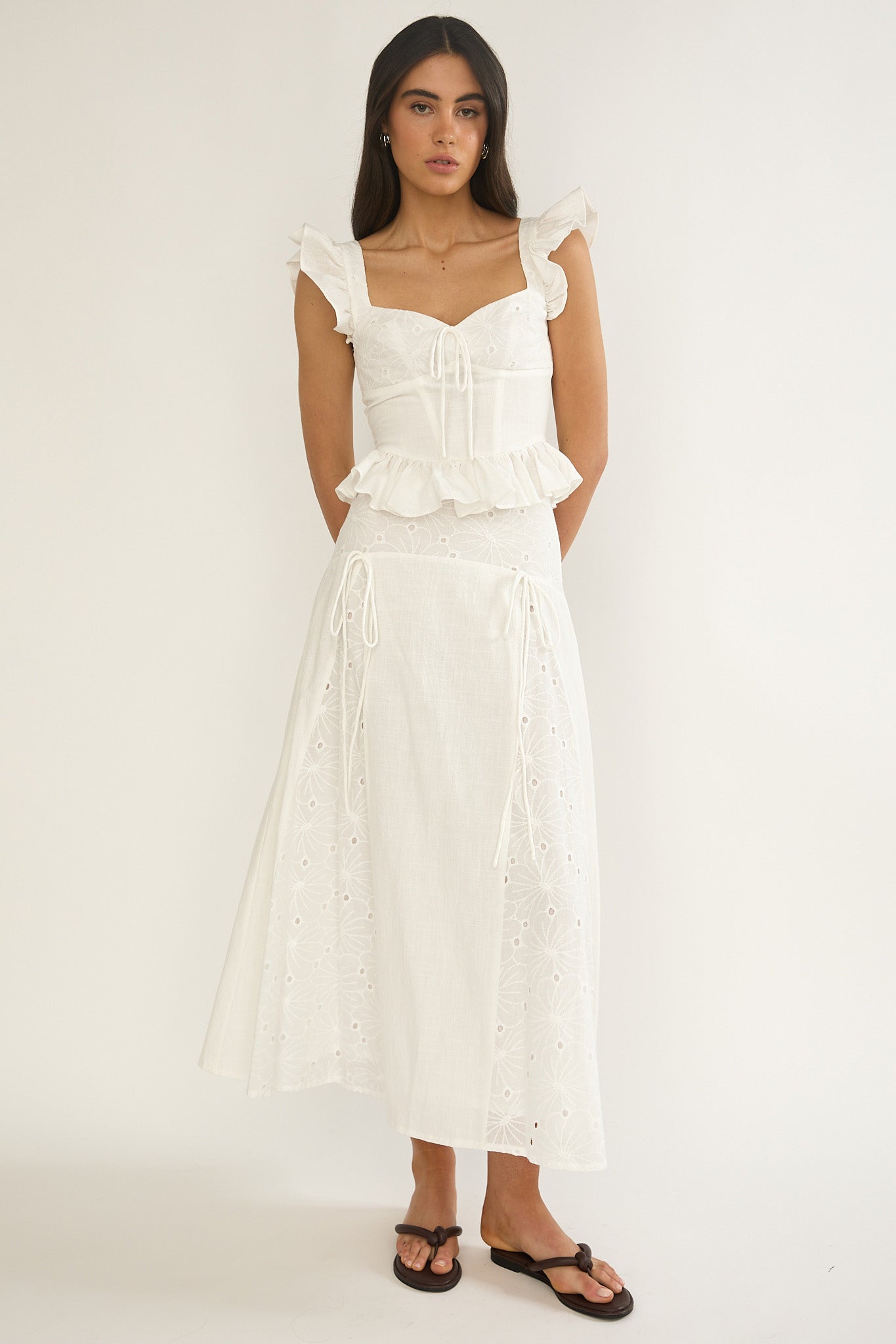 Danette Frill Trim Embroidery Top White