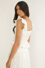 Danette Frill Trim Embroidery Top White