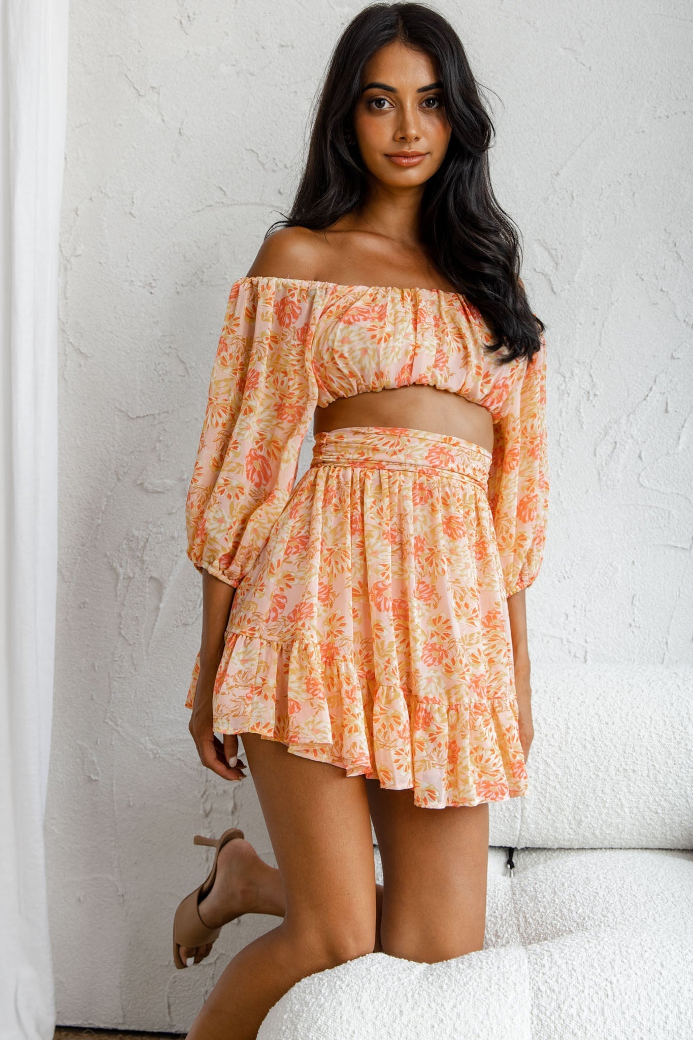 Abby Waistband A-Line Ruffle Hem Skirt Floral Print Pink