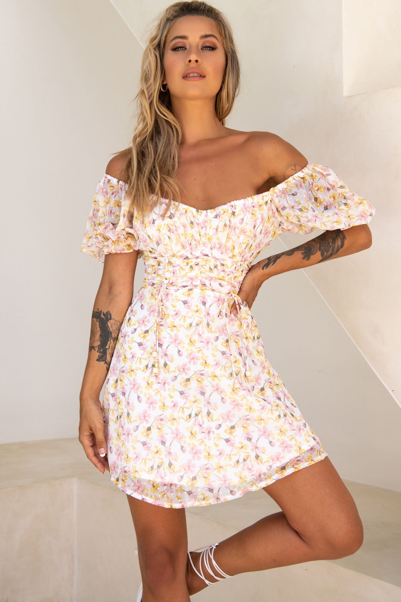 Bright Side Off-Shoulder Puff Sleeve Dress Floral Print Pink/Yellow