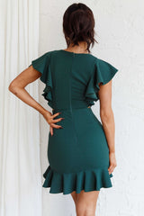Cupid's Bow Ruffle Shoulder Bodycon Dress Forest Green