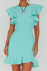 Cupid's Bow Ruffle Shoulder Bodycon Dress Teal