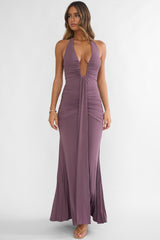 Brienna Halter Ruched Maxi Dress Mauve