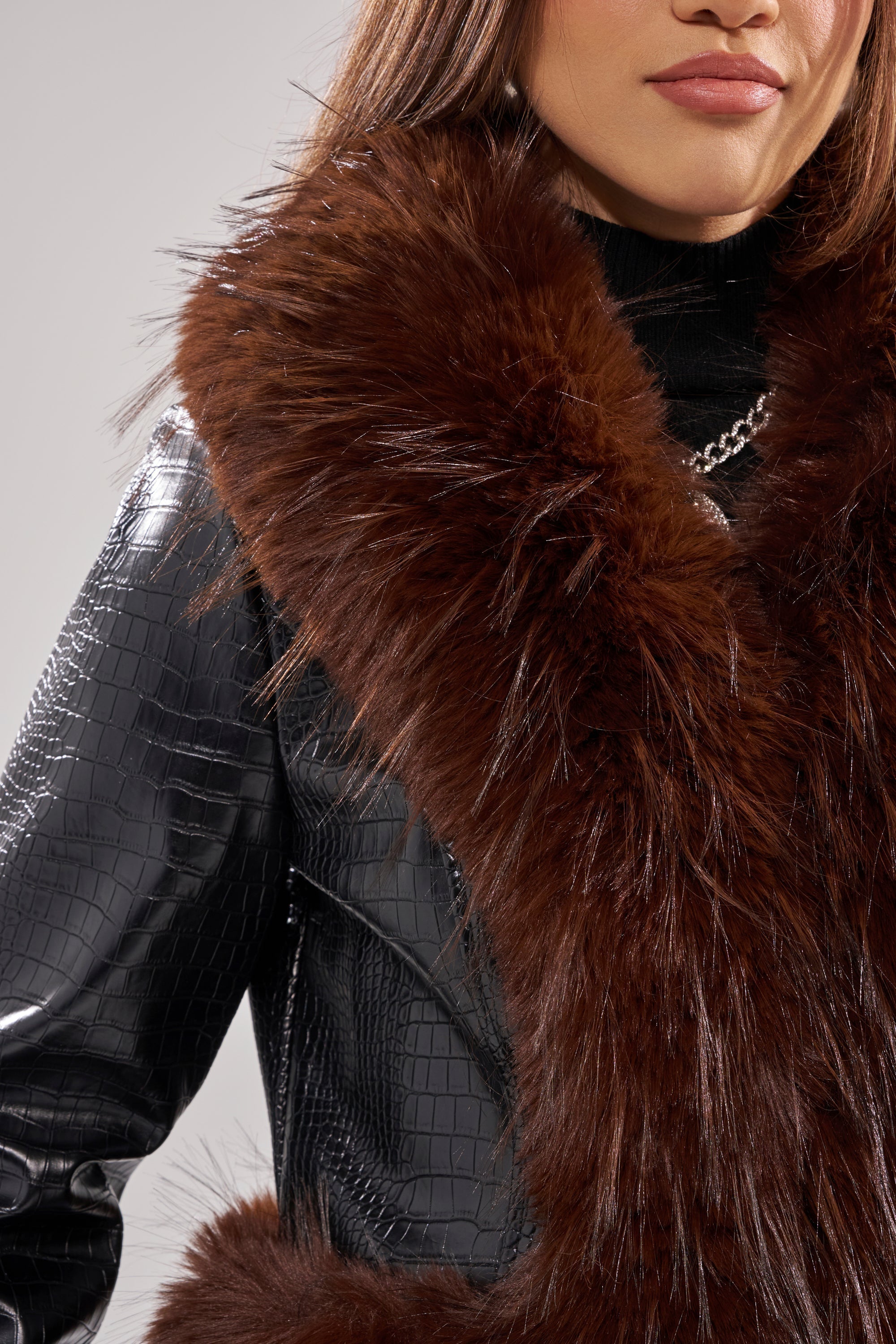 LUNNA FUR TRIM MOTO IN BLACK CROC