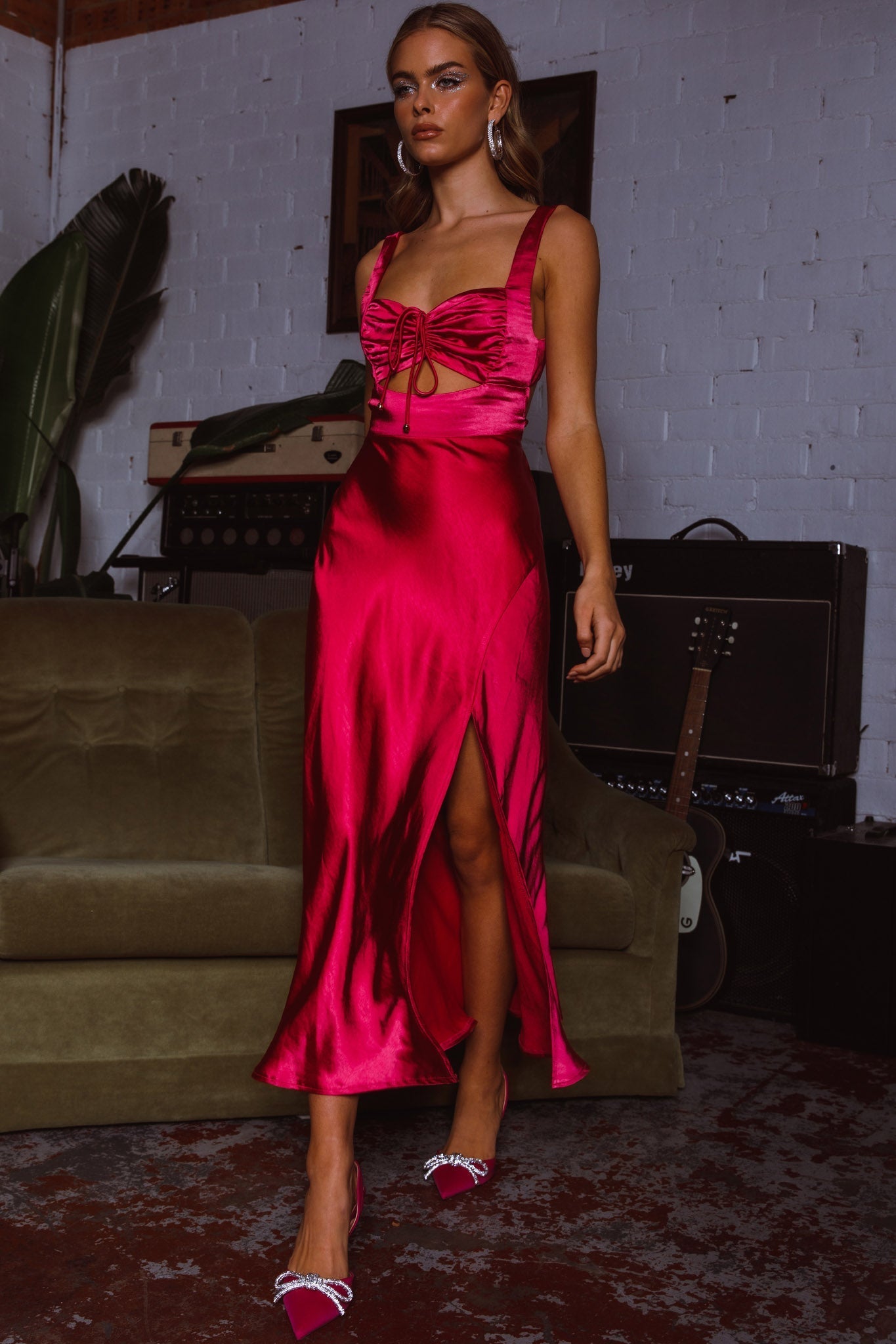 Belle Epoque Drawstring Bust Midi Dress Hot Pink