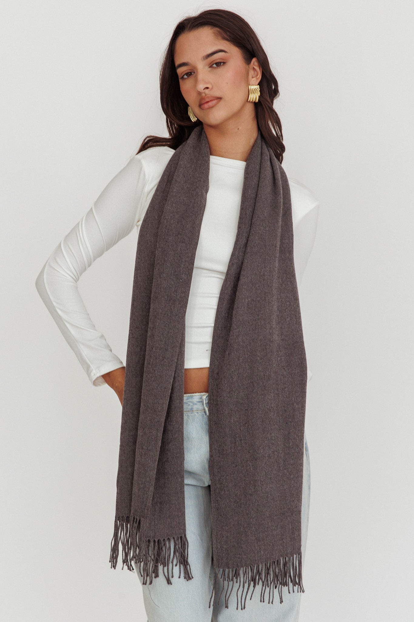 Diona Cashmere and Wool Fringed Scarf Grey