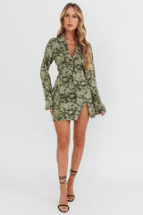 Caledonia Collared Button-Up Satin Shirt Floral Olive