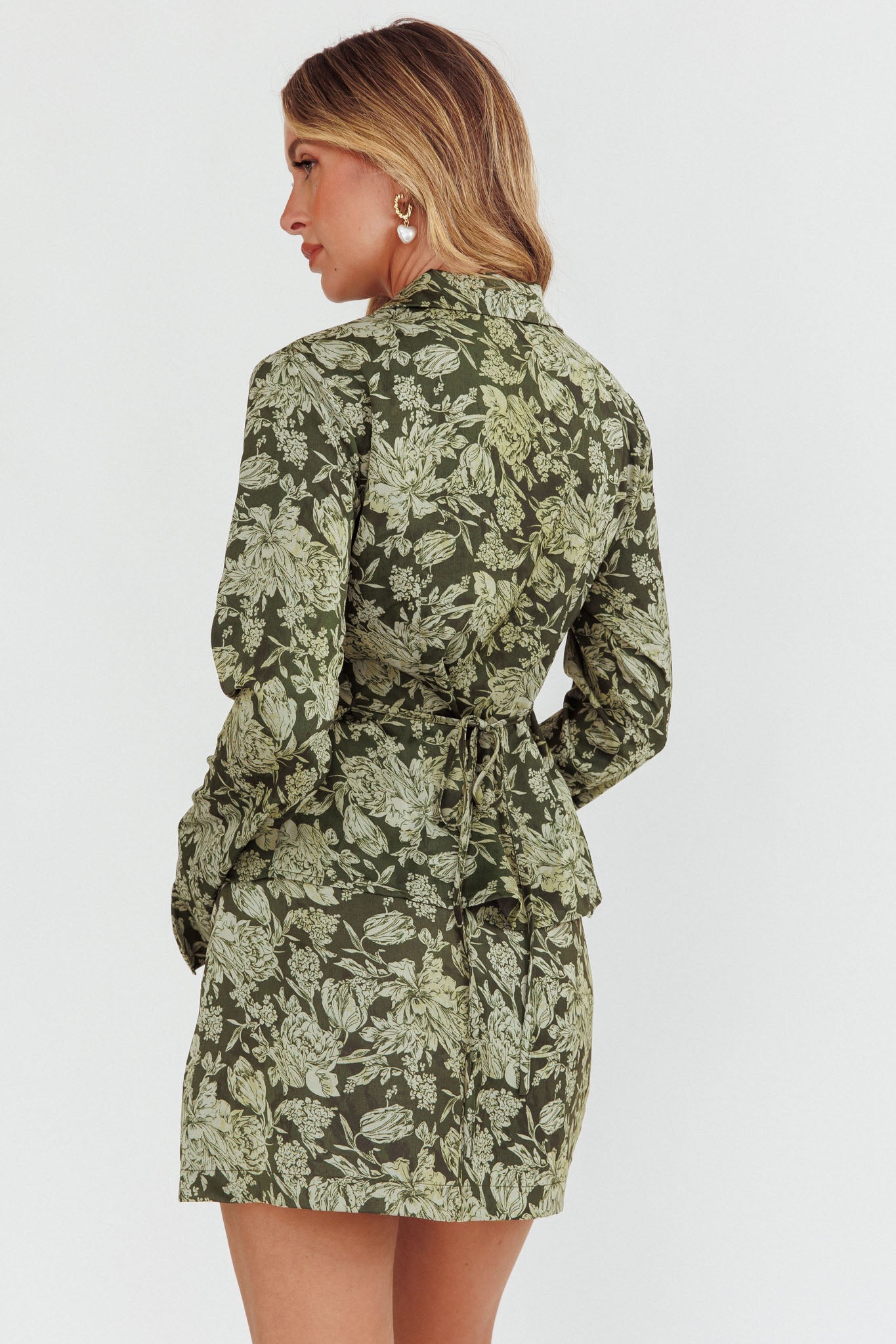 Caledonia Collared Button-Up Satin Shirt Floral Olive