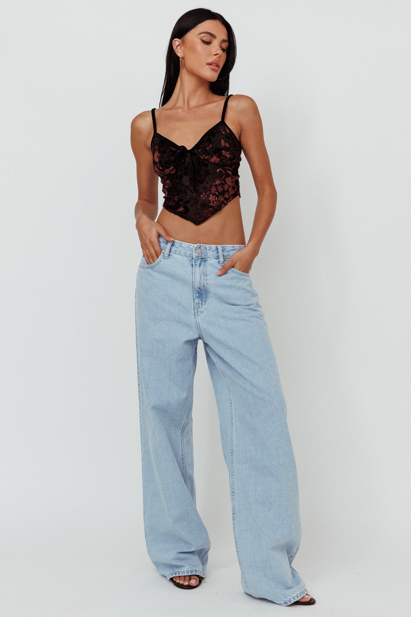 Caught Feelings Floral Velour Crop Top Black/Brown