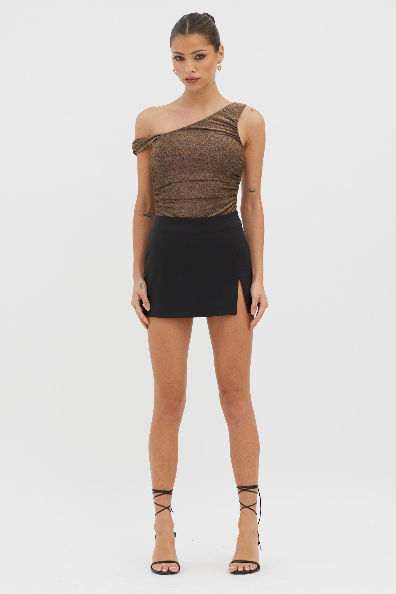 Deirdre Asymmetrical Strap Bodysuit Black/Gold
