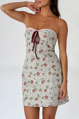 C'est Belle Strapless Lace Trim Mini Dress Beige Floral