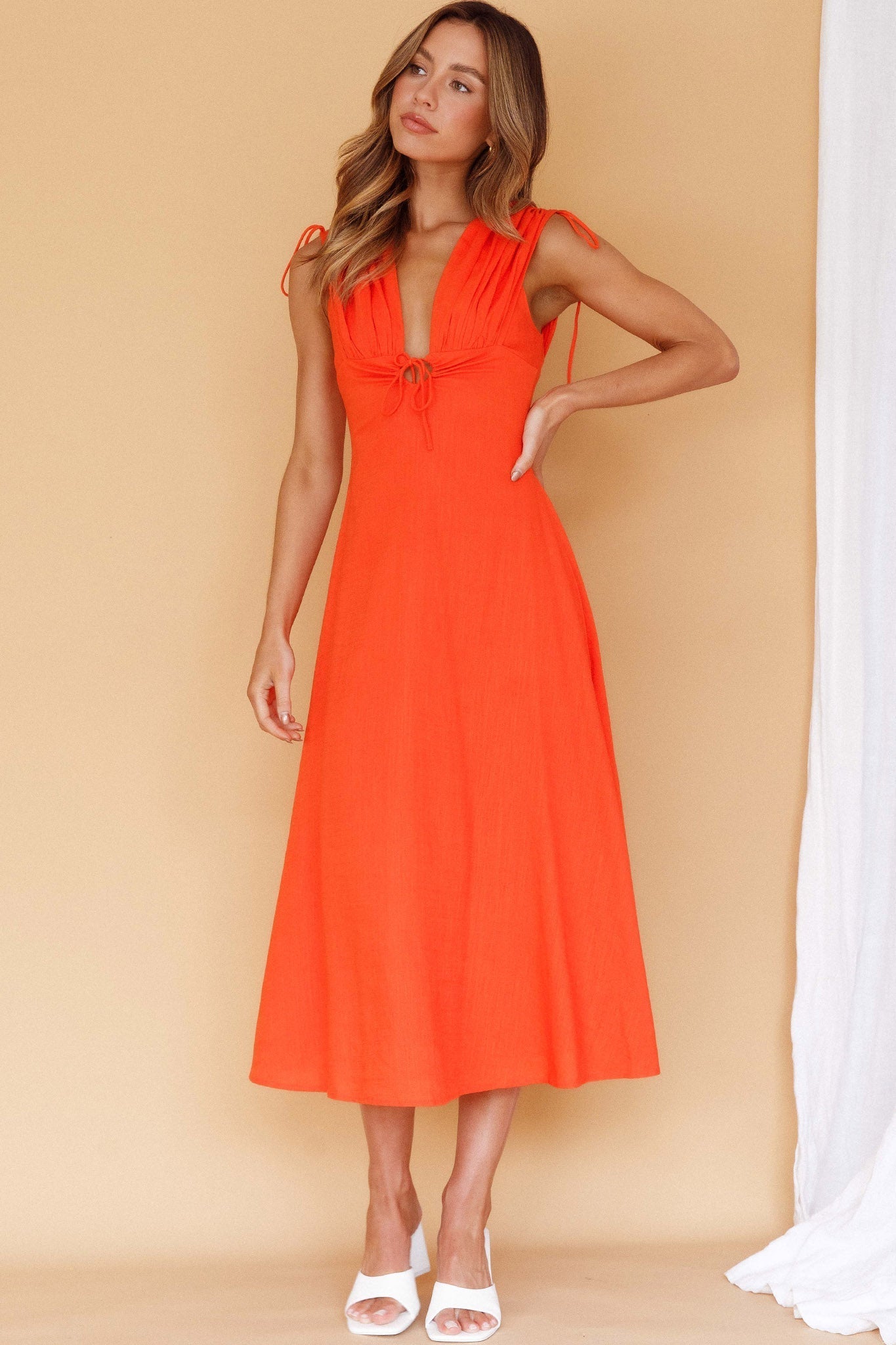 Cape Cod Drawstring Accent Midi Dress Tangerine