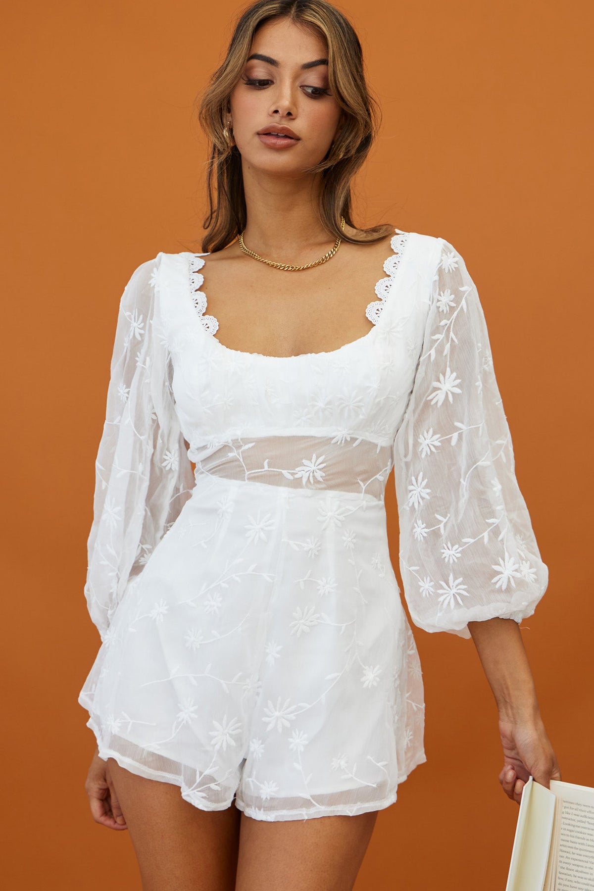 Delphine Balloon Sleeve Open Back Floral Embroidery Romper White