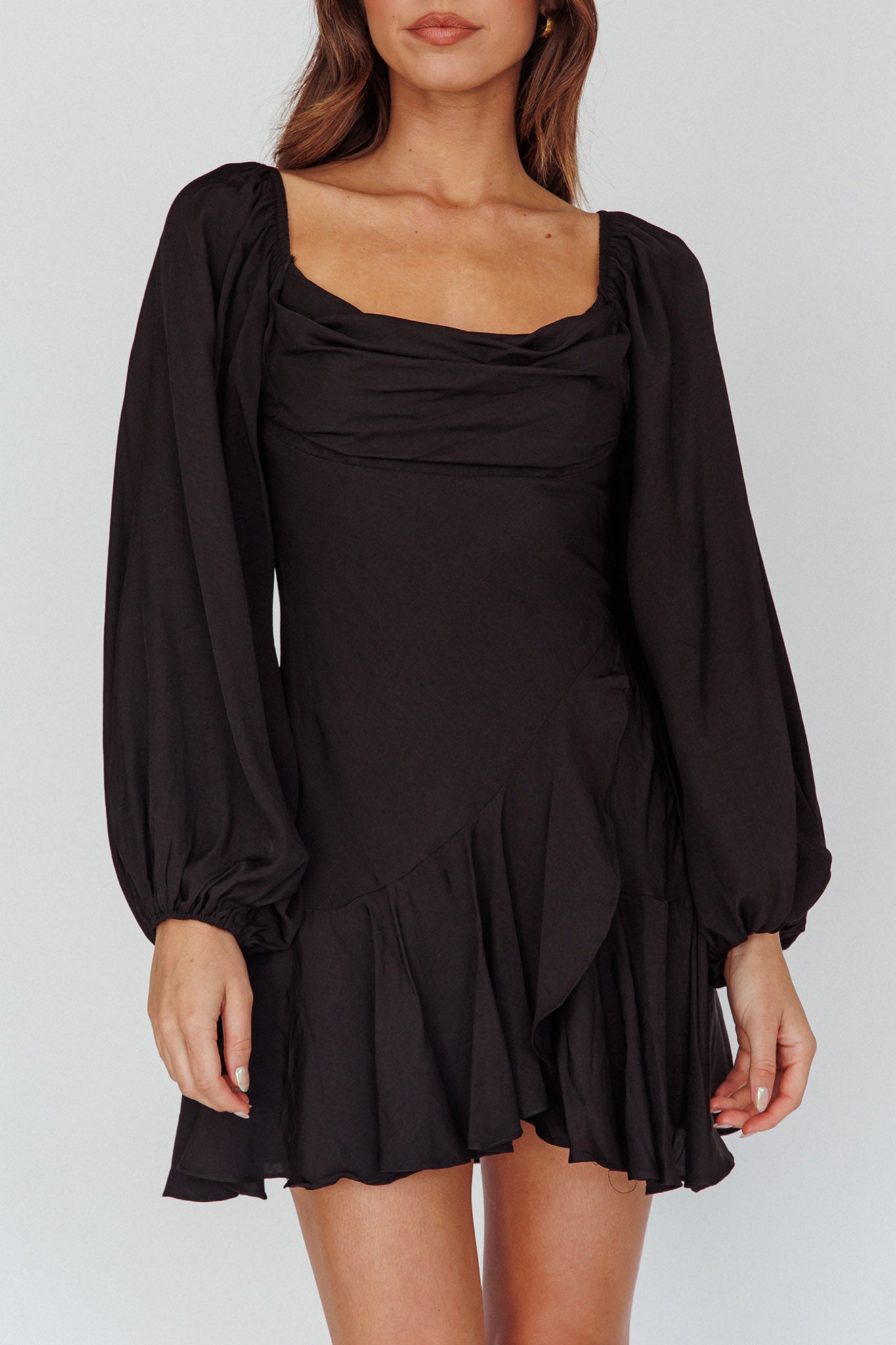 Beaujolais Long Sleeve Cowl Neckline Ruffle Satin Mini Dress Black