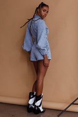 California Girl Lantern Sleeve Waist Tie Romper Blue