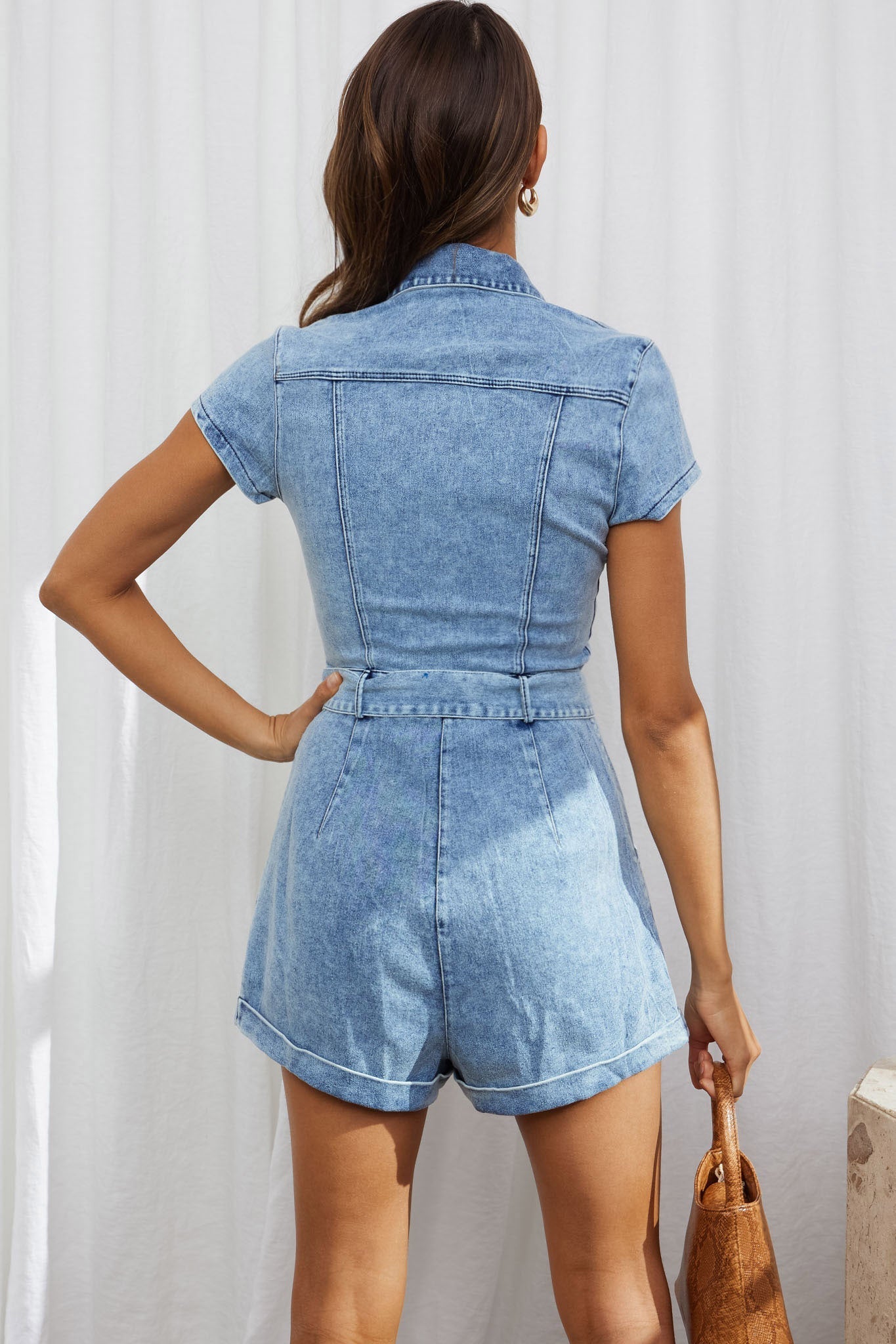 California Girl Short Sleeve Waist Tie Romper Denim Blue
