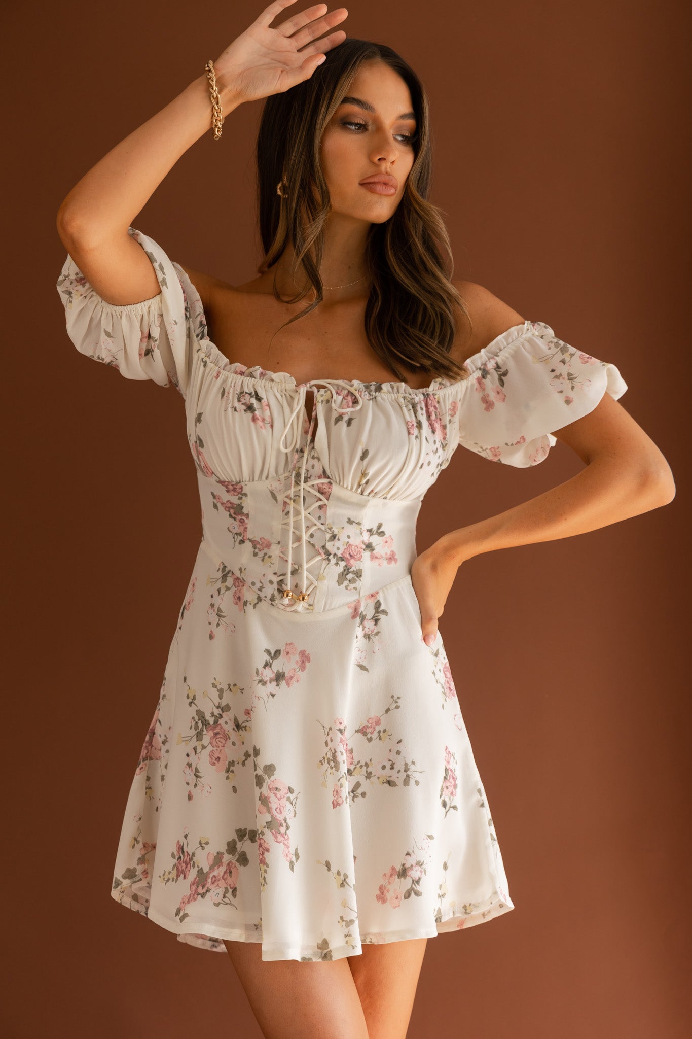Belle Fleur Tied Bust Mini Dress Floral White