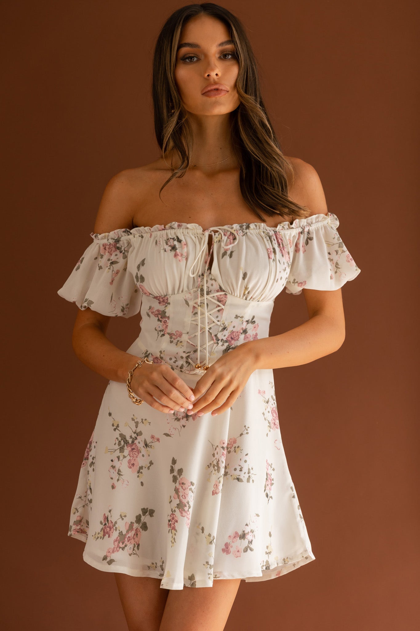 Belle Fleur Tied Bust Mini Dress Floral White