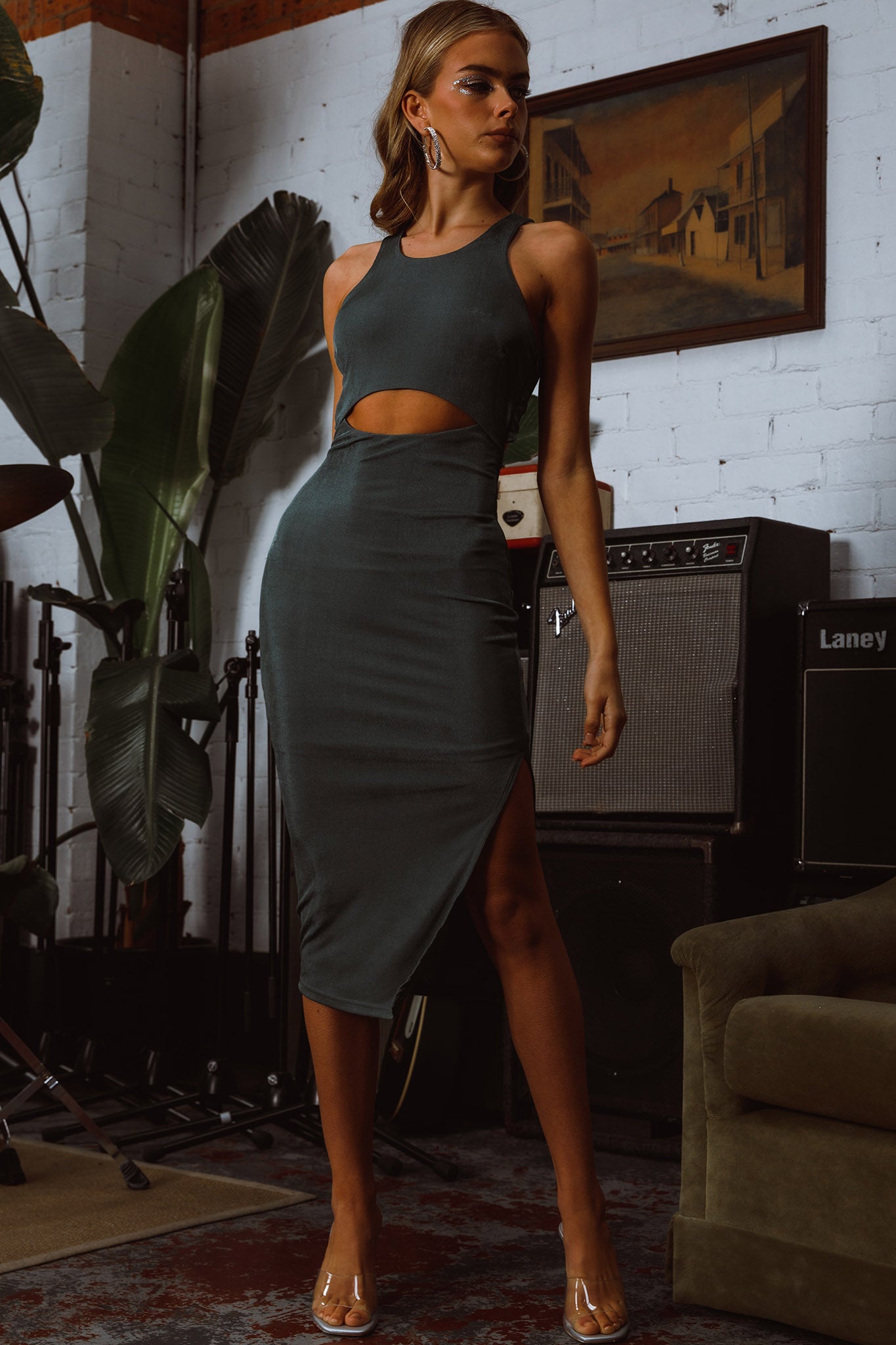 Dominique Cut-Out Twist Midi Dress Olive