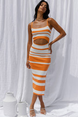 Dayana Cut-Out Waist Side Split Knit Midi Dress Striped Orange