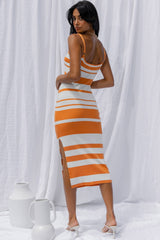 Dayana Cut-Out Waist Side Split Knit Midi Dress Striped Orange