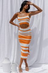 Dayana Cut-Out Waist Side Split Knit Midi Dress Striped Orange