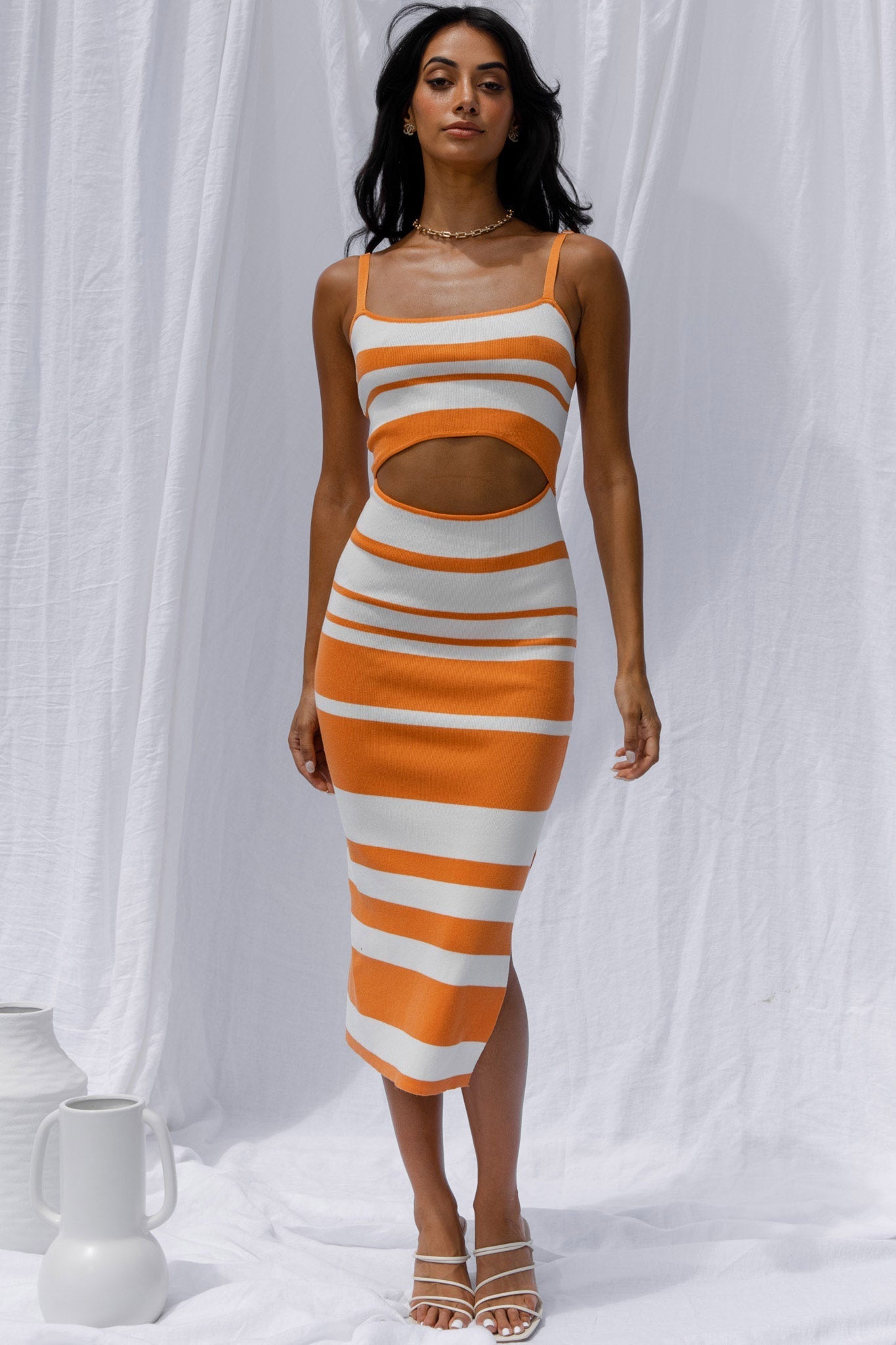 Dayana Cut-Out Waist Side Split Knit Midi Dress Striped Orange