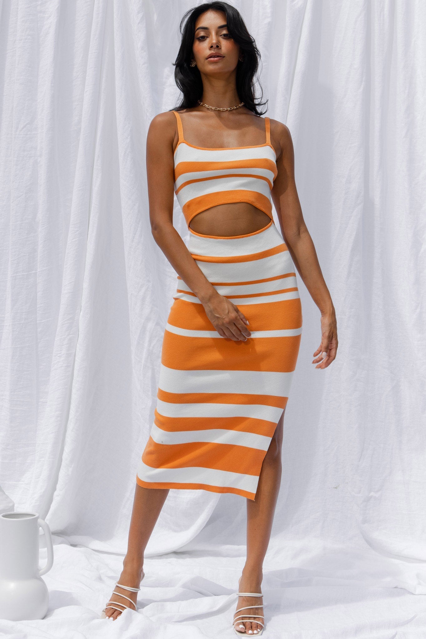 Dayana Cut-Out Waist Side Split Knit Midi Dress Striped Orange