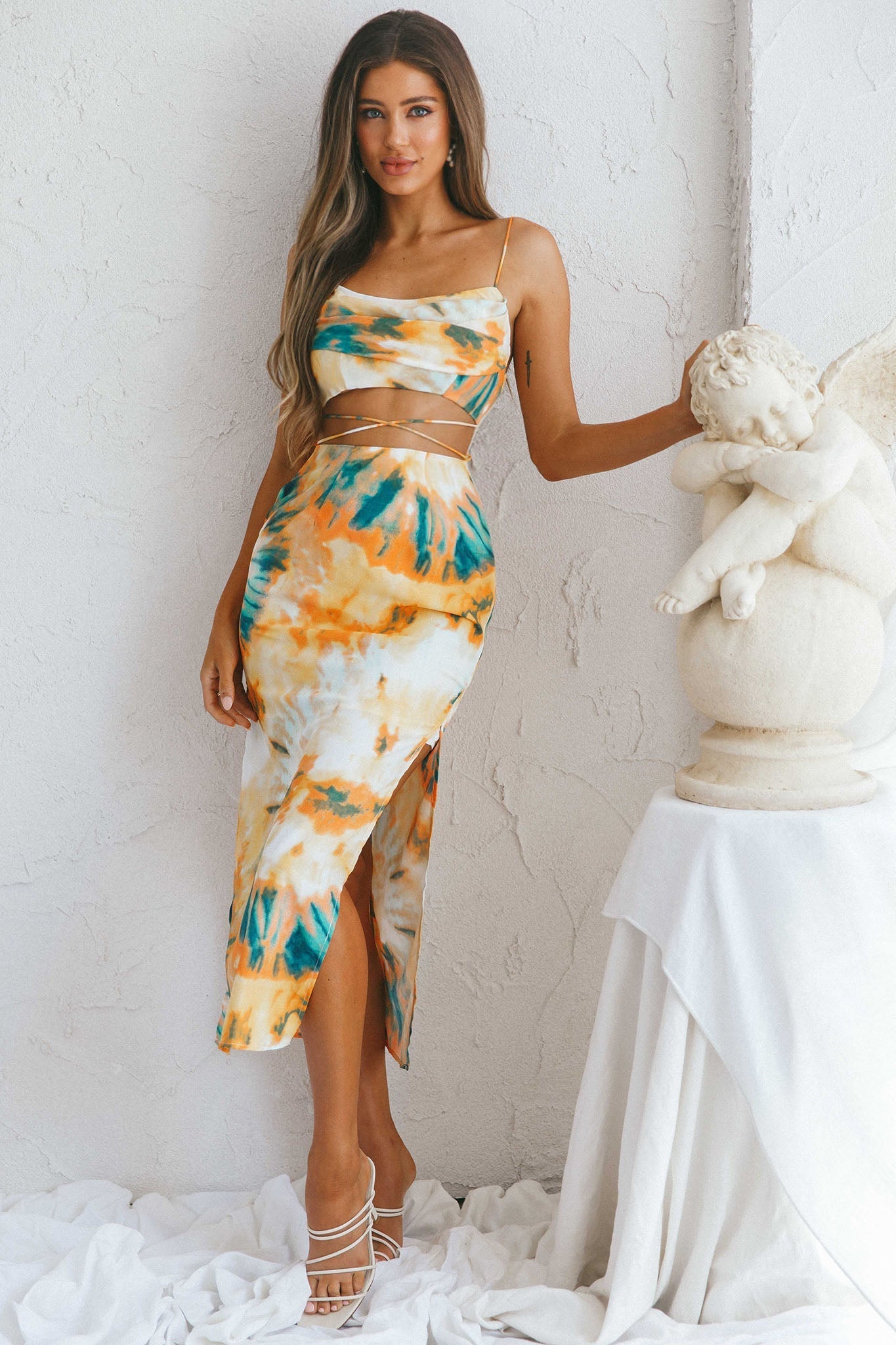 Crazy In Love Cowl Neck Cut-Out Waist Midi Dress Tie-Dye Yellow