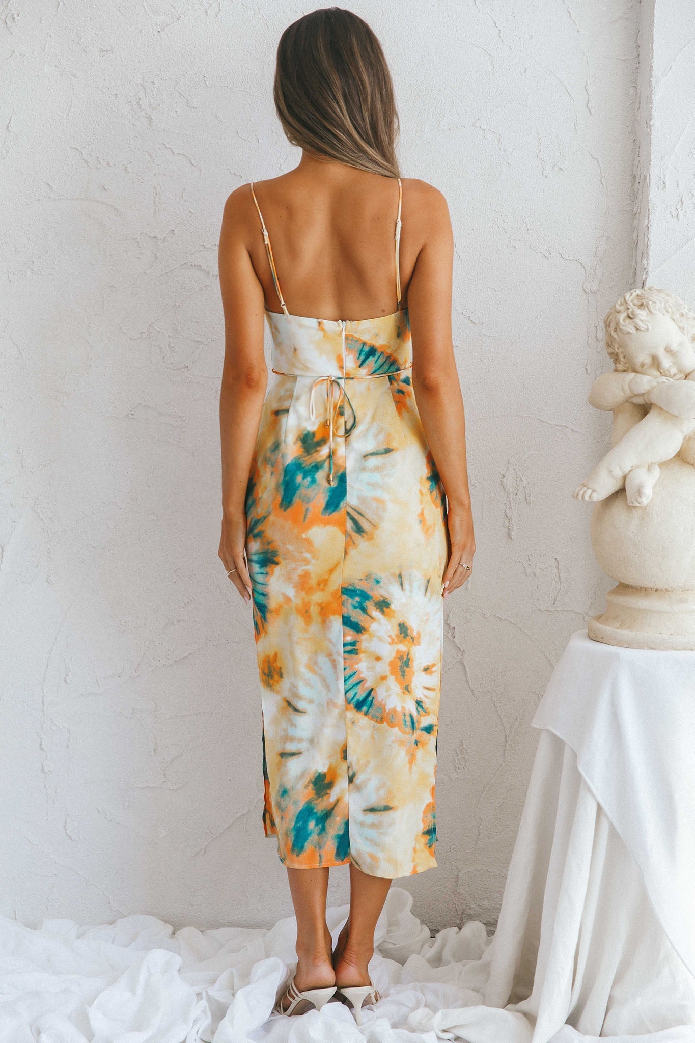 Crazy In Love Cowl Neck Cut-Out Waist Midi Dress Tie-Dye Yellow
