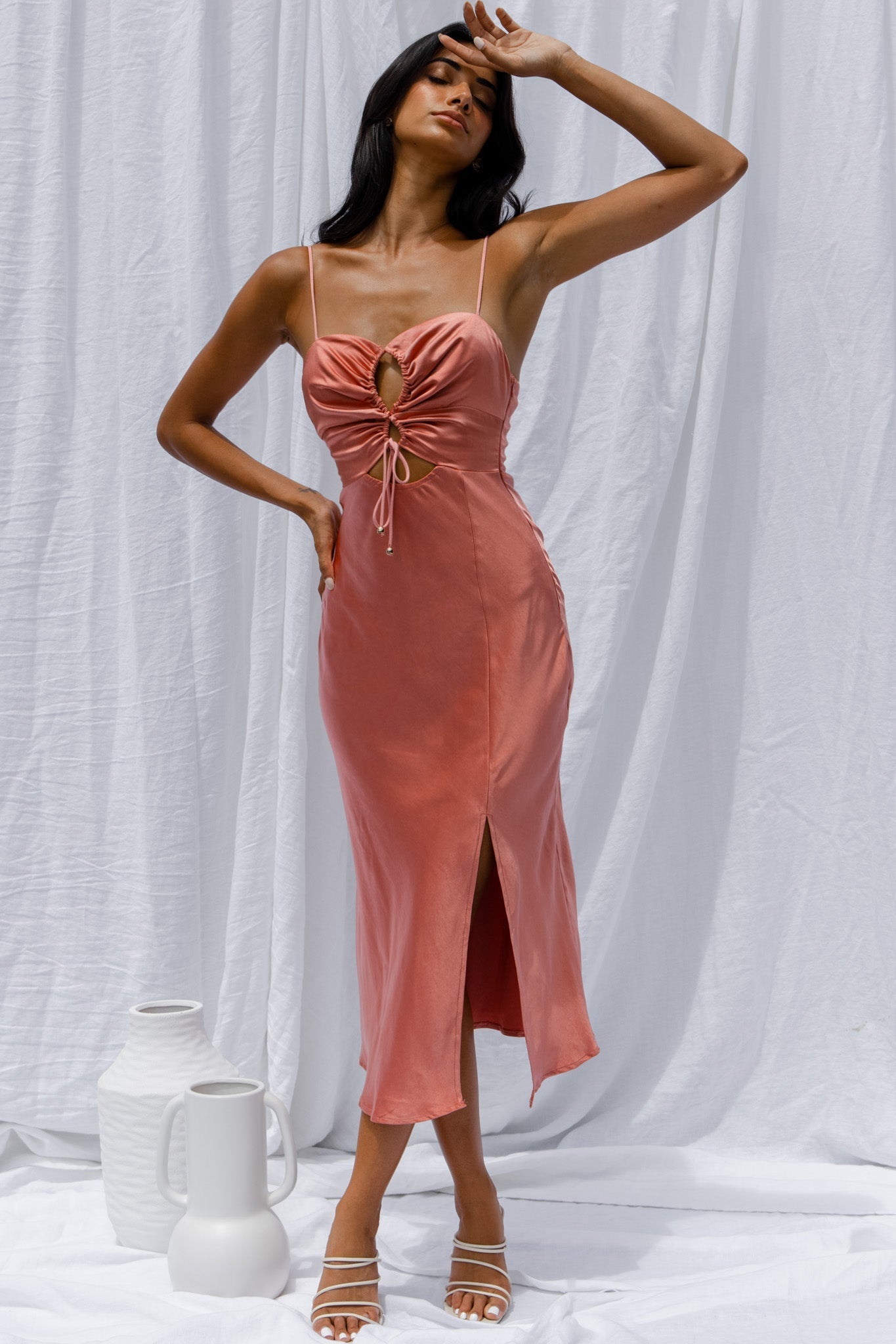 Date Night Drawstring Bust Midi Dress Rose
