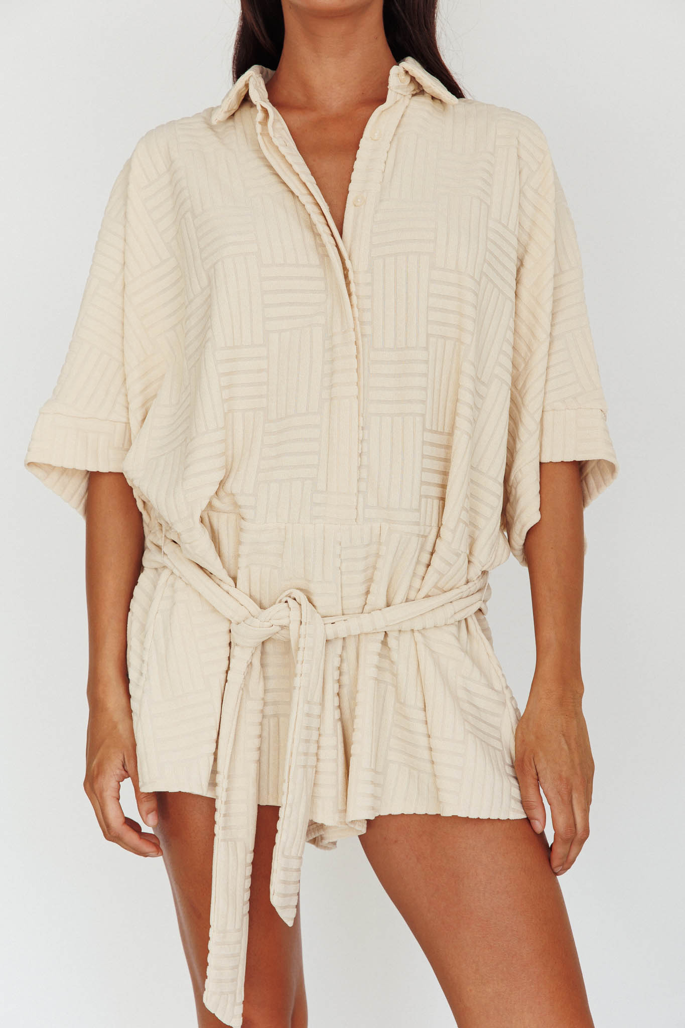 Daytona Beach Button-Up Romper Textured Beige