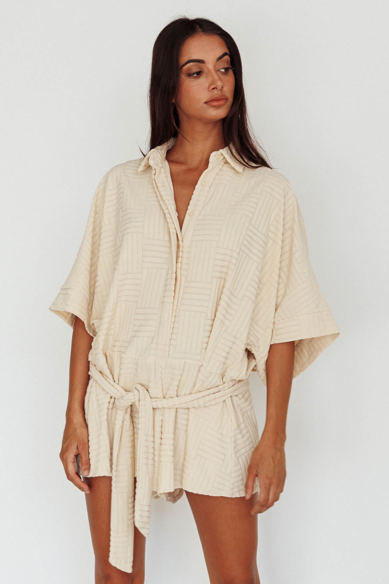 Daytona Beach Button-Up Romper Textured Beige