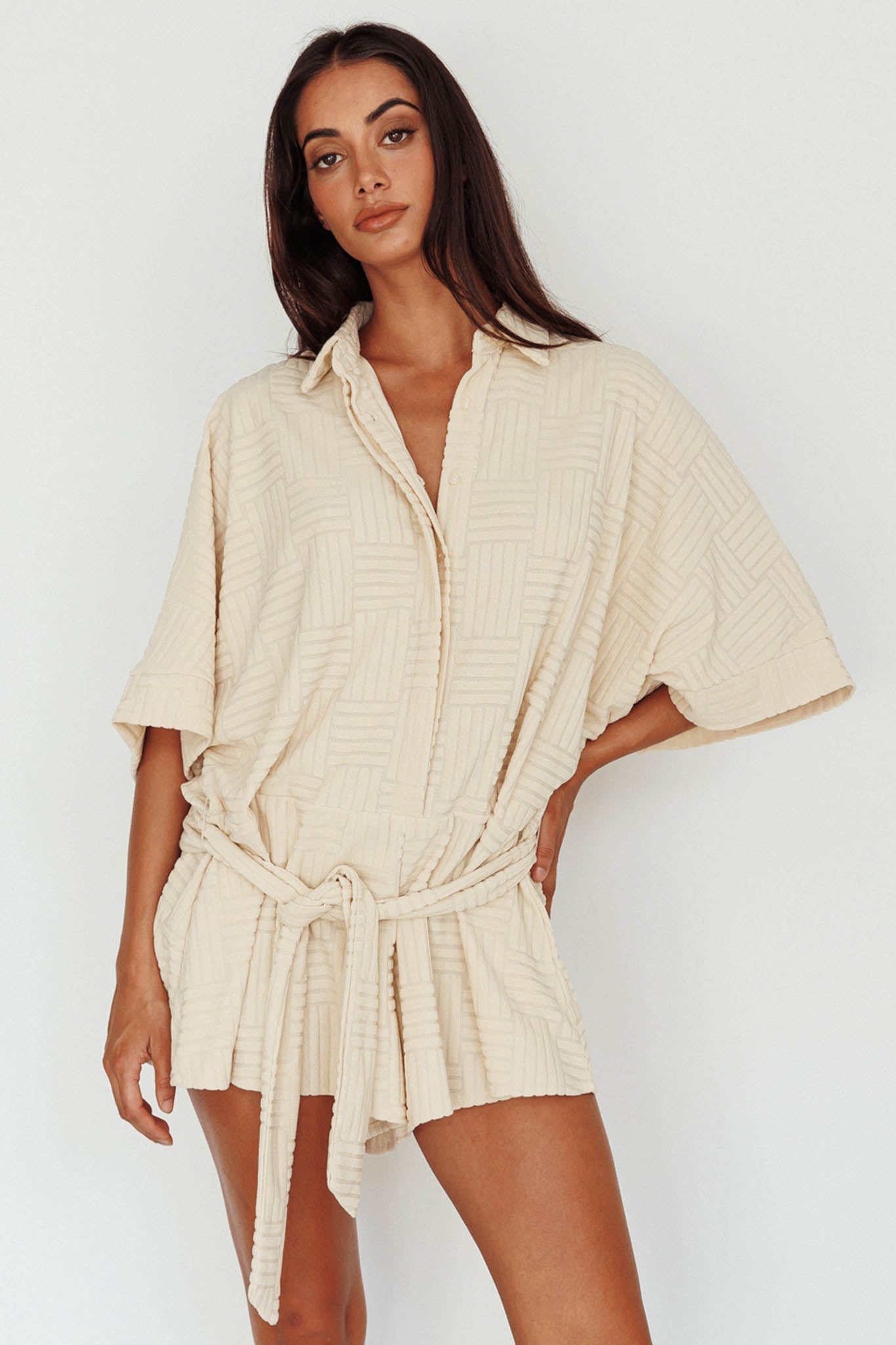 Daytona Beach Button-Up Romper Textured Beige