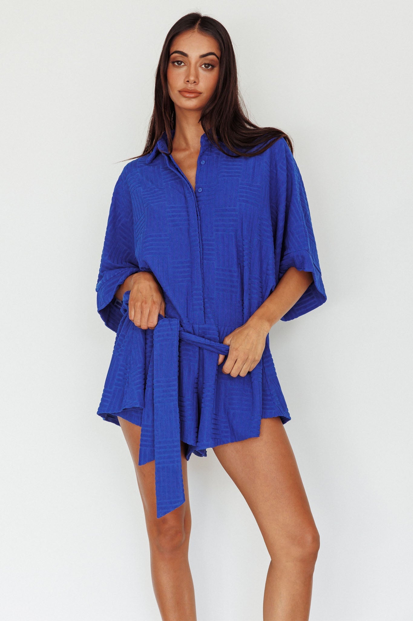 Daytona Beach Button-Up Romper Textured Blue